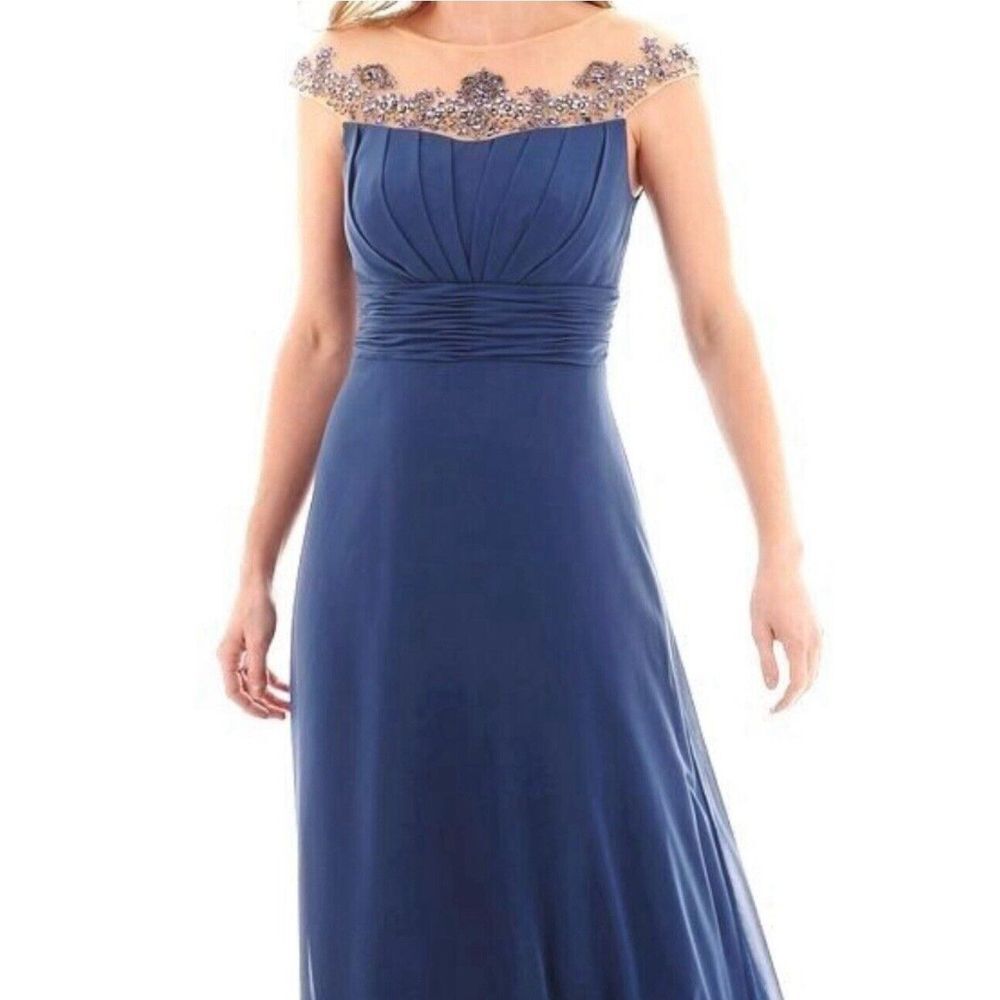 One By Eight Women's Sz 4 Blue Formal Gown Long Event Dress Beaded‎ Illusion Top